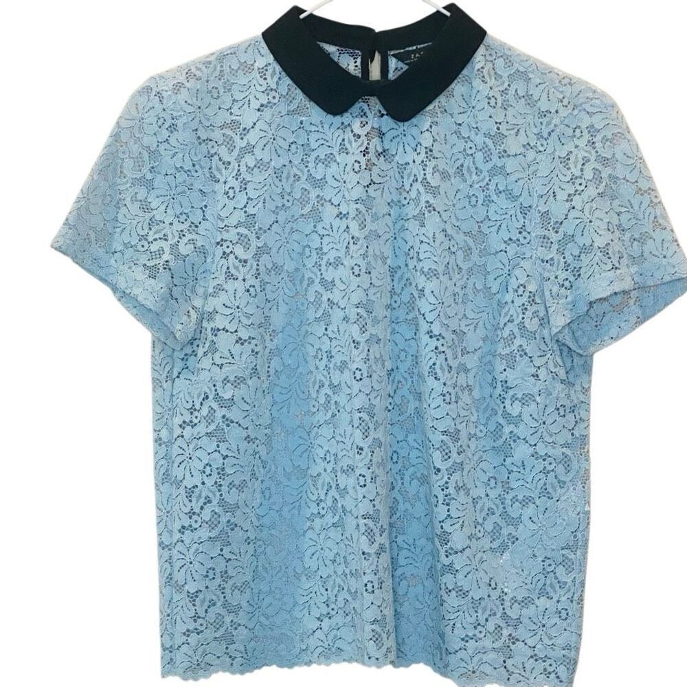 ZARA Woman Floral Lace Keyhole Back Short Sleeve Collared Top Light Blue Small